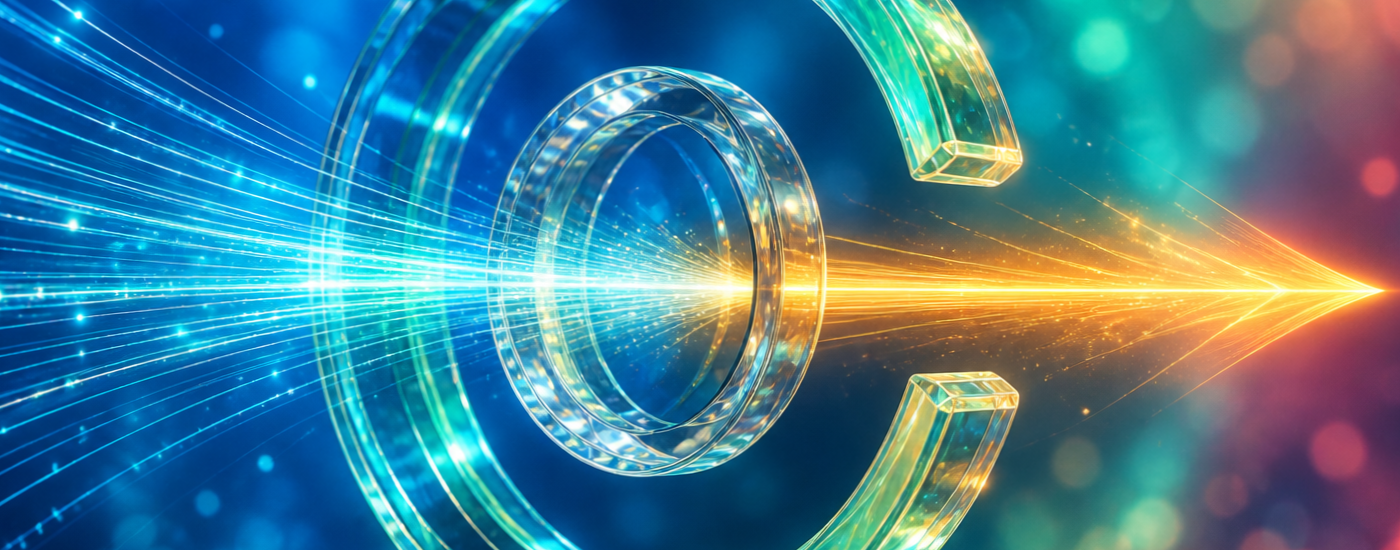 A crystal-glass instrument tilted toward the viewer: an outer broken C-ring with teal-green glow, a concentric inner lens, silvery-blue filaments converging from the left and a golden arrow-beam escaping through the ring's opening